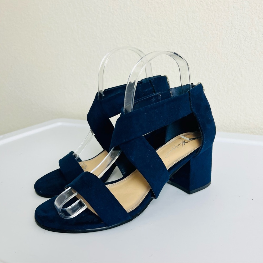 Navy Blue Suede Criss Cross Strappy Petite Block Zip Heels